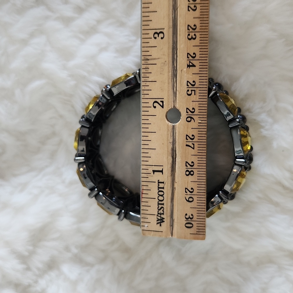 Lia Sophia Couture Signed Silver Yellow Crystal Statement Bracelet Stretch Band - Picture 5 of 6
